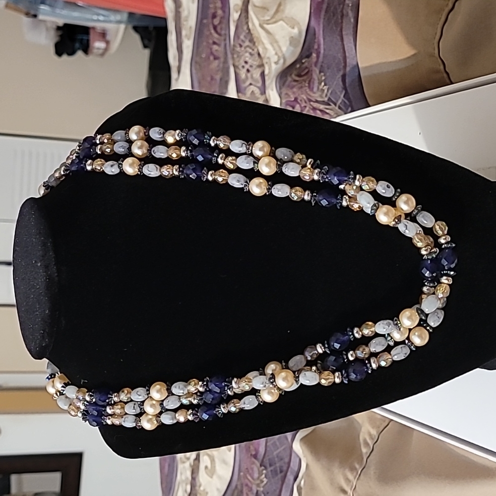 3 layer beaded necklace: pearl, blue, marble, silver beads, etc. Estate find.